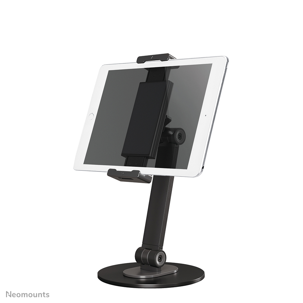 Socle Neomounts DS15-540BL1 noir, montré par le fabricant avec une tablette d’illustration