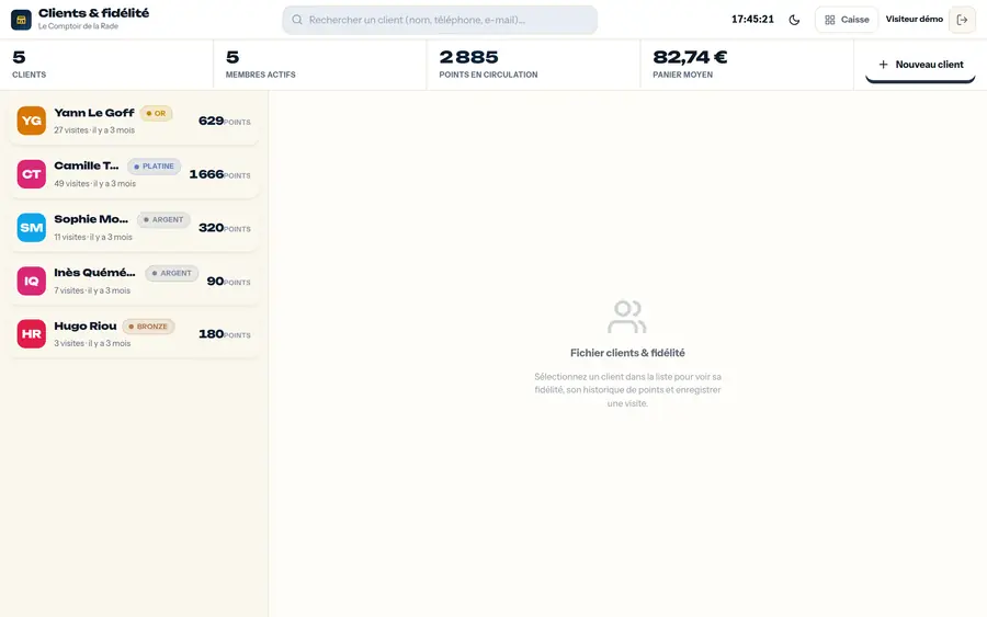 Clients et fidélité — Le fichier clients, les visites et les points de fidélité.