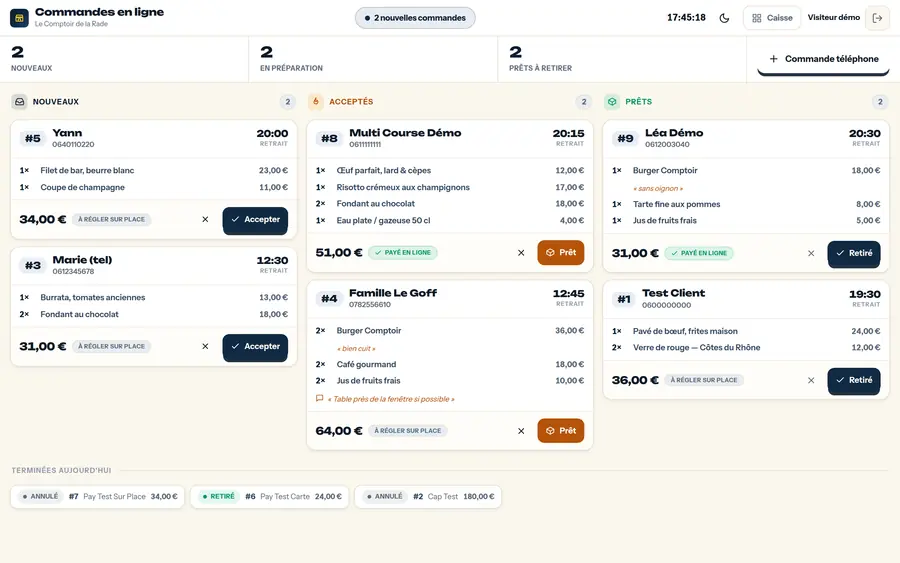 Les commandes en ligne — Le click & collect depuis la carte publique : accepter, préparer, remettre.