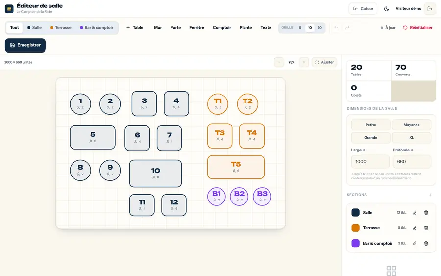 L'éditeur de salle — Placez tables, zones, murs et comptoir ; capacité et forme de chaque table.