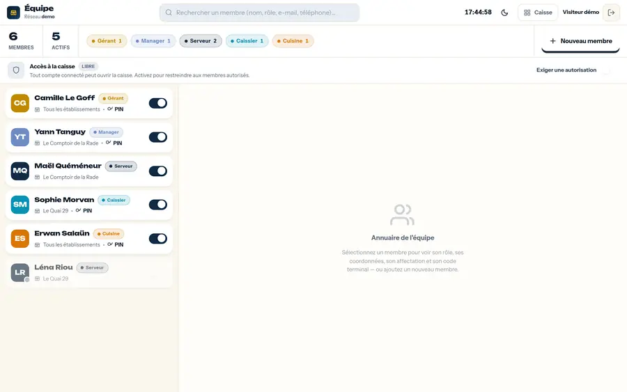 L'équipe — Rôles (gérant, manager, serveur, caissier, cuisine), codes PIN et accès par établissement.