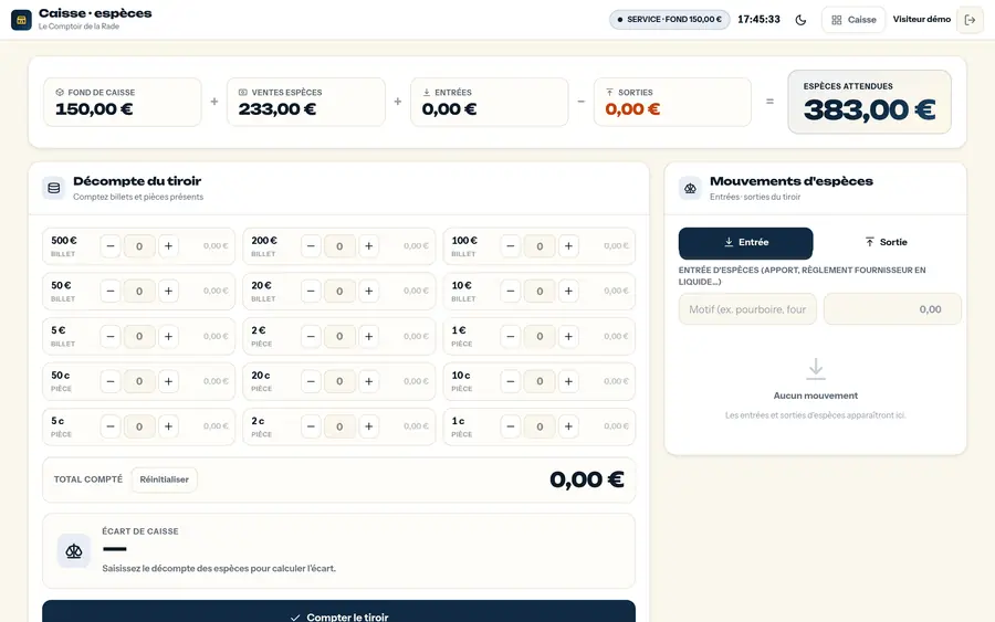 Le fond de caisse — Le comptage du tiroir billet par billet et les mouvements d'espèces.