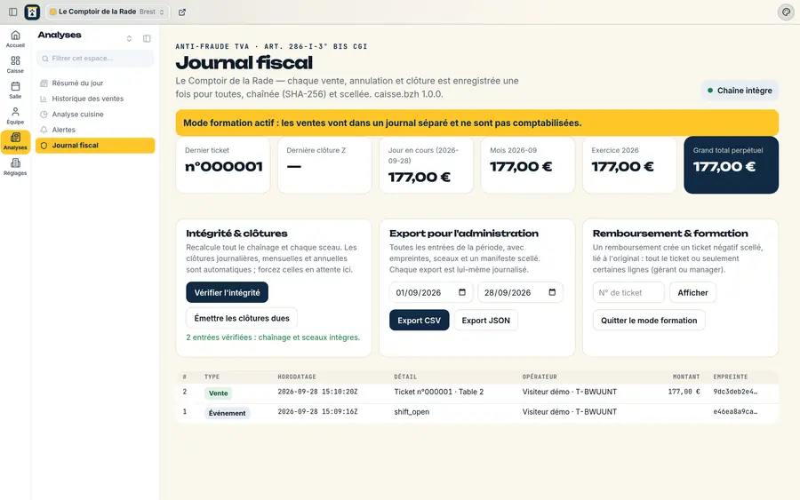 Le journal fiscal — Chaque vente chaînée et scellée, clôtures automatiques, grand total perpétuel, vérification d'intégrité et exports.
