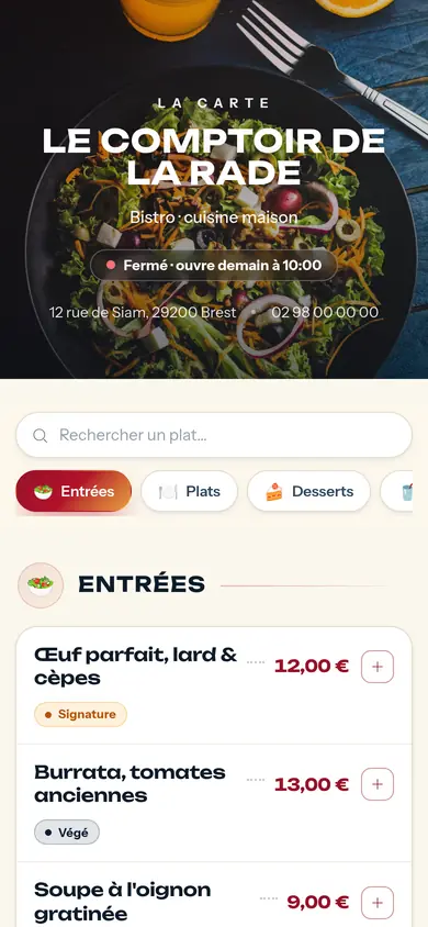 La carte QR, côté client — Ce que vos clients voient en scannant le QR code à table.