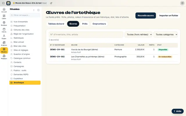 La liste des œuvres de l'artothèque avec leur numéro d'inventaire, leur valeur d'assurance et leur état.