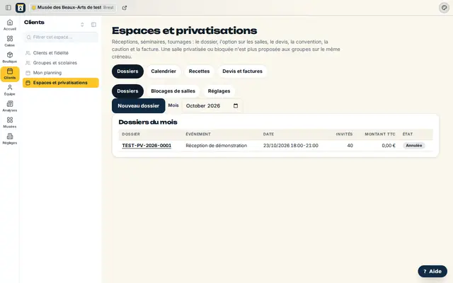 Les dossiers de privatisation du mois, avec leur événement, leur date, le nombre d'invités et leur état.