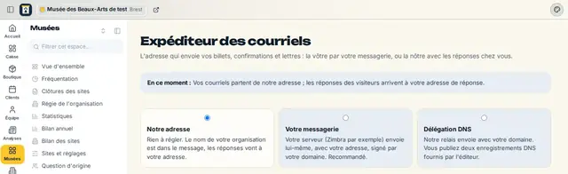 L'écran Expéditeur des courriels avec ses trois modes d'envoi.