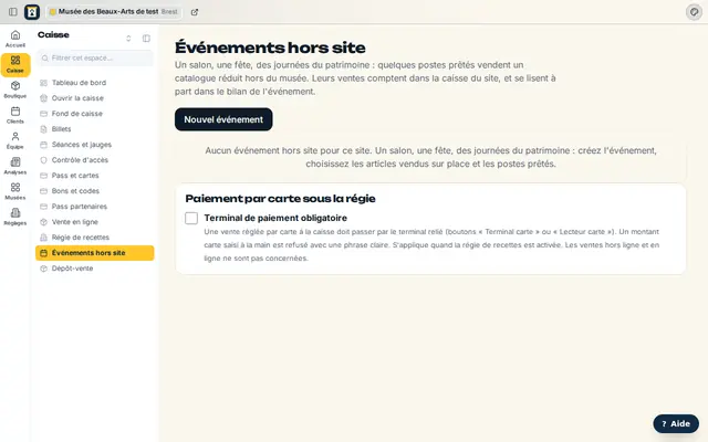 L'écran des événements hors site et le réglage du paiement par carte sous la régie.