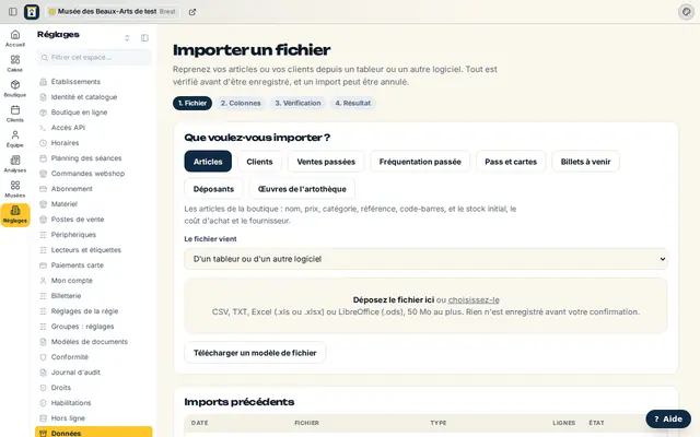 L'écran Importer un fichier : le choix de ce qui est importé et le dépôt du fichier.