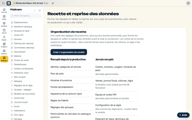 L'écran Recette et reprise des données : l'organisation de recette et ce qui est recopié ou non.