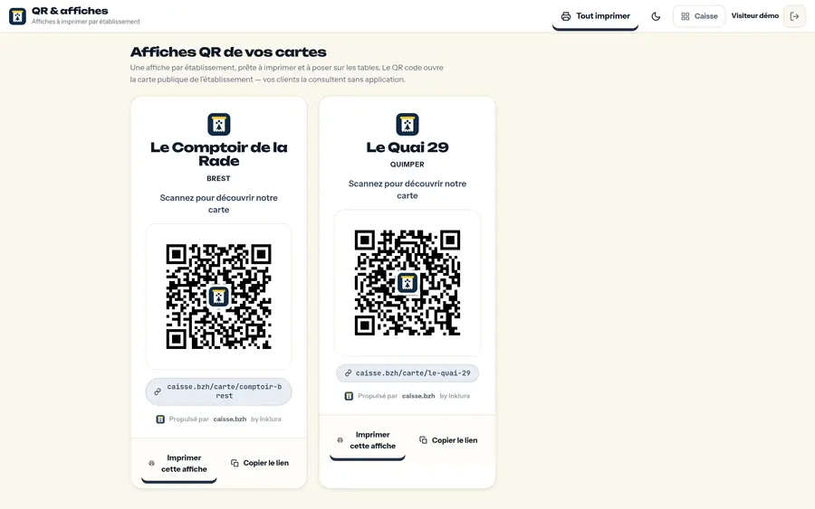 QR et affiches — Une affiche par établissement, prête à imprimer et à poser sur les tables.