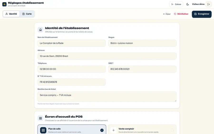 Identité et carte — Coordonnées et mentions du ticket, catégories, articles, prix et taux de TVA.