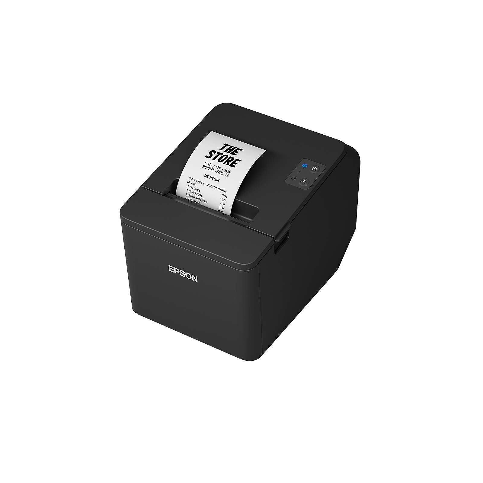 Imprimante noire Epson TM-T20IV vue de trois quarts, avec un ticket de démonstration